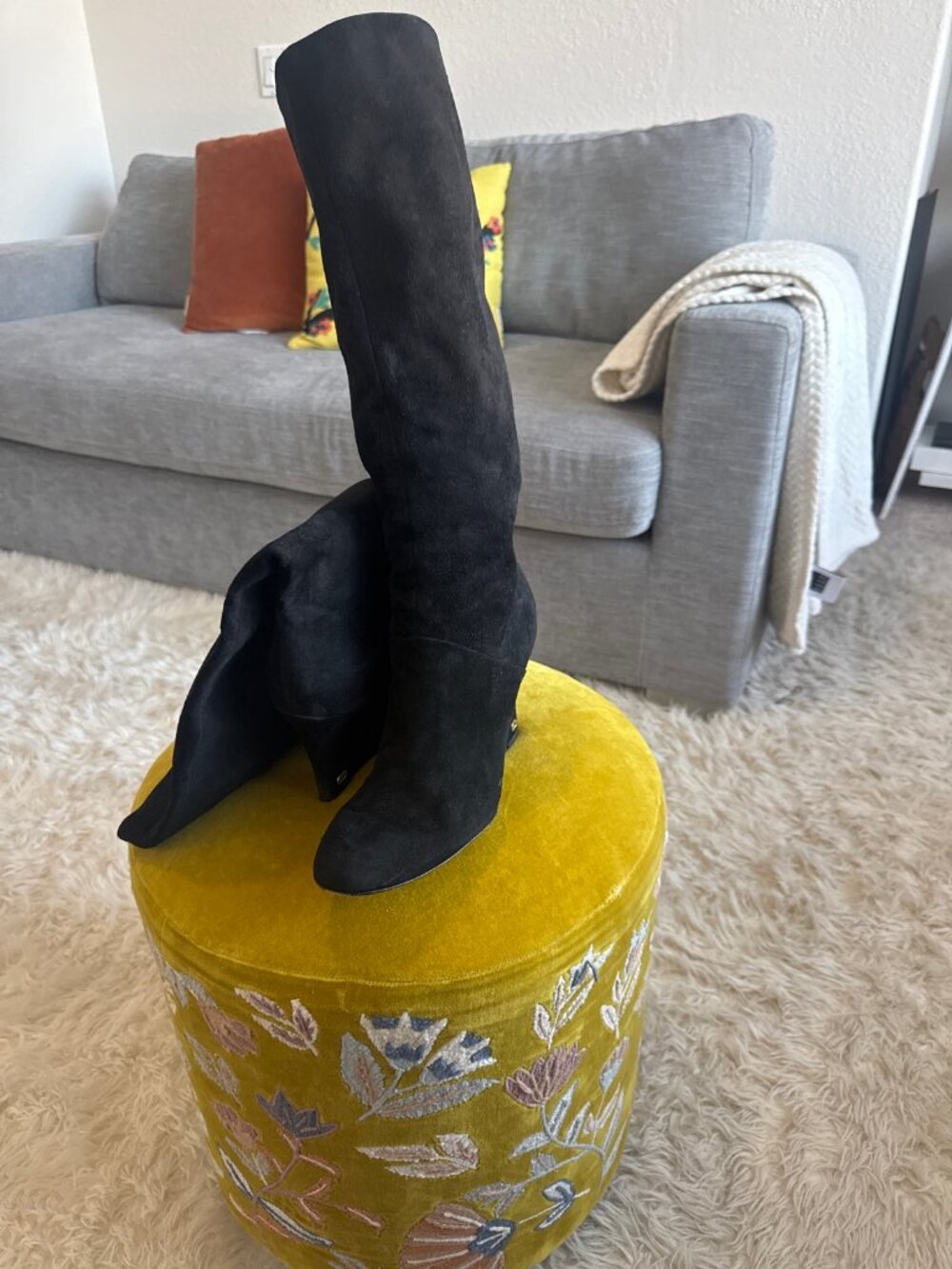 Gucci Black Suede Knee High Wedge Boots 41